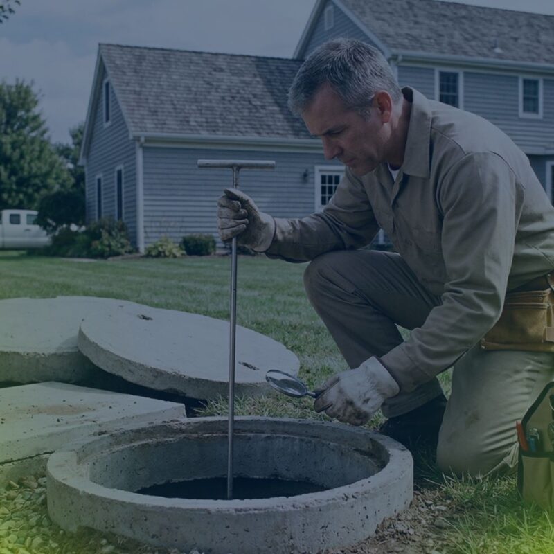 Septic technician inspecting an open tank with a probe, checking for signs a septic system is failing in a residential yard.