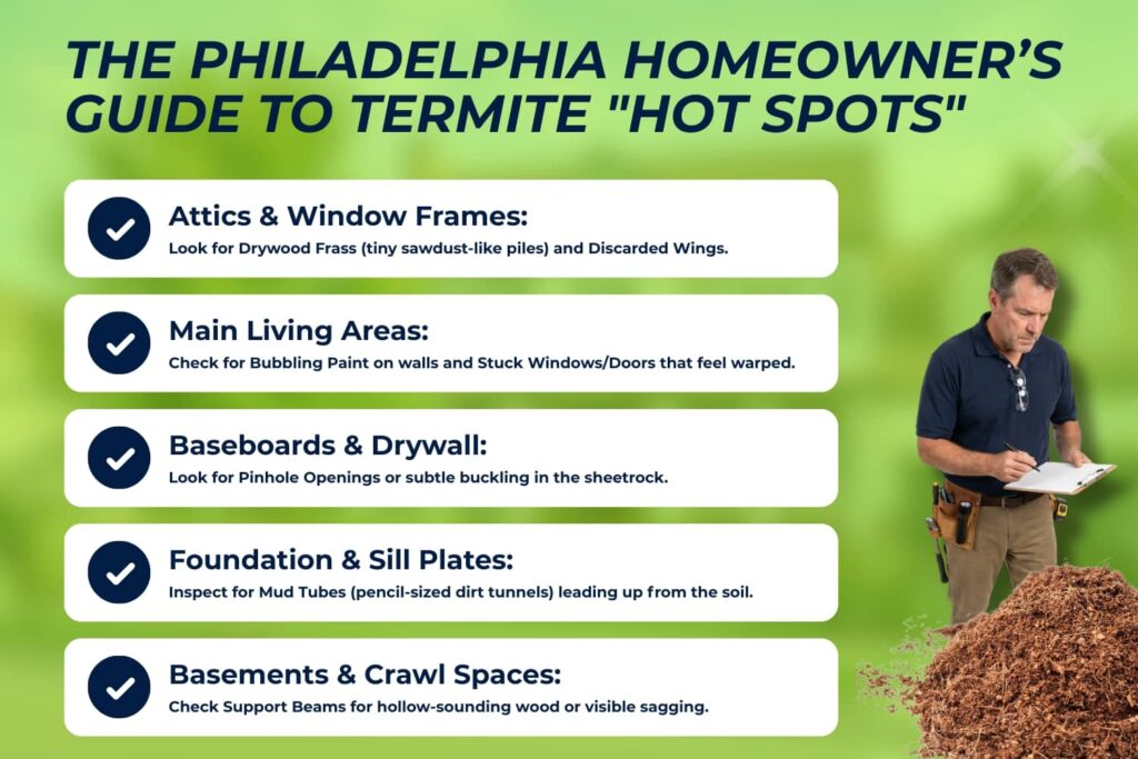 An informative infographic titled "The Philadelphia Homeowner’s Guide to Termite 'Hot Spots'" lists five key areas to inspect for infestation—attics, living areas, baseboards, foundations, and basements—alongside specific signs like mud tubes and bubbling paint.