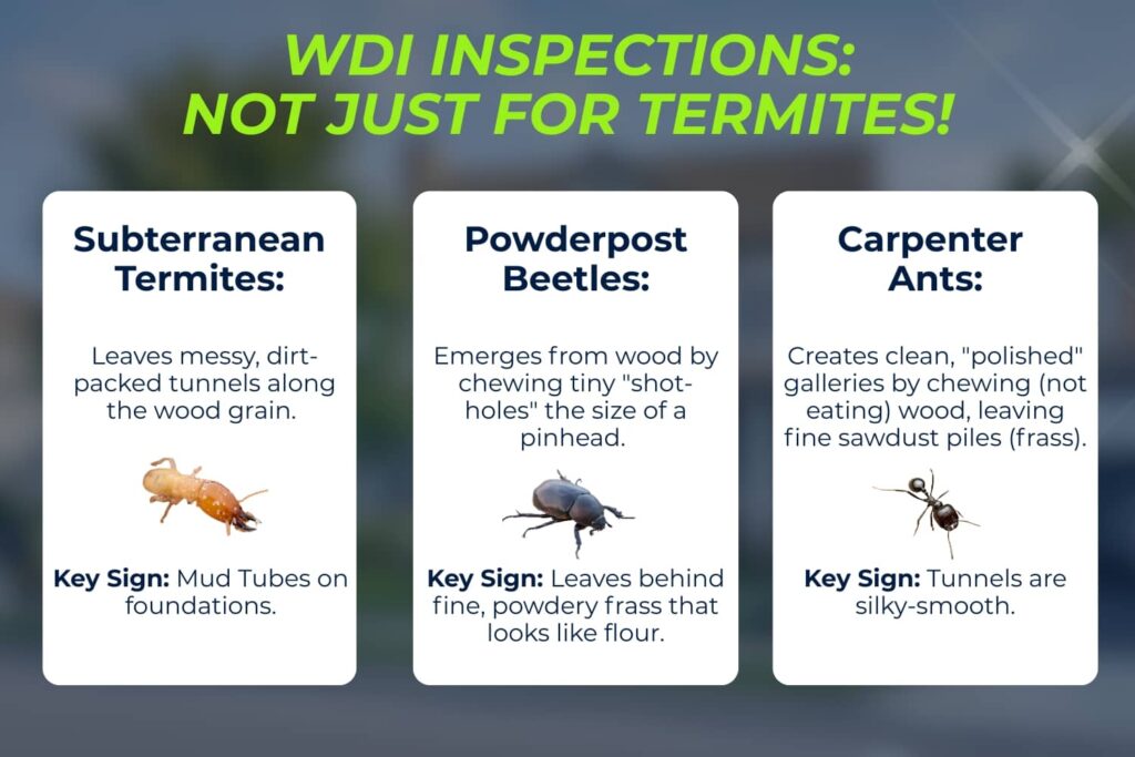 An educational infographic titled "WDI Inspections: Not Just for Termites!" that compares the physical appearance and distinct damage signs of subterranean termites, powderpost beetles, and carpenter ants.
