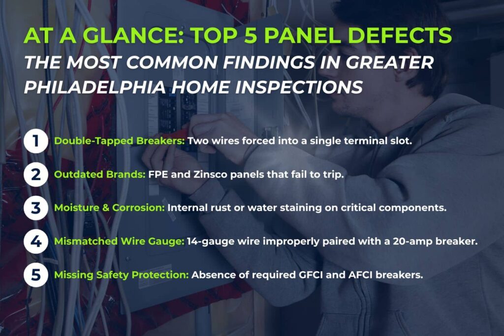 An infographic titled "At a Glance: Top 5 Panel Defects" displays a photo of a home inspector alongside a numbered list of common findings, including double-tapped breakers, outdated brands like FPE and Zinsco, moisture and corrosion, mismatched wire gauge, and missing safety protection.