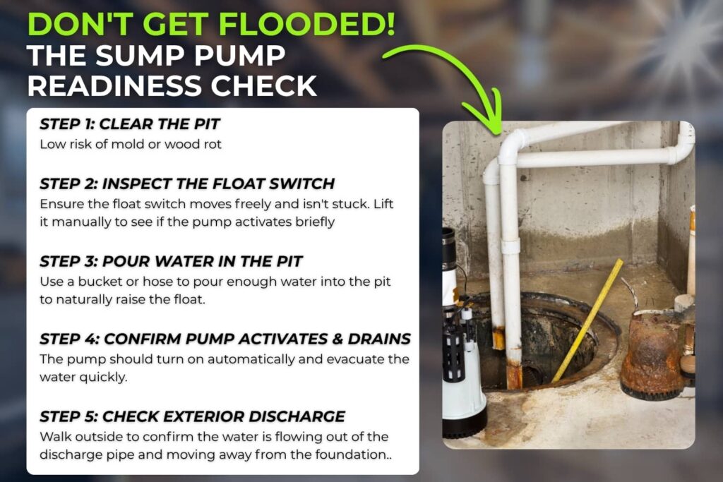 An infographic detailing a five-step "Sump Pump Readiness Check" to prevent home flooding, featuring instructional maintenance steps alongside a photo demonstration of a basement sump pump installation.