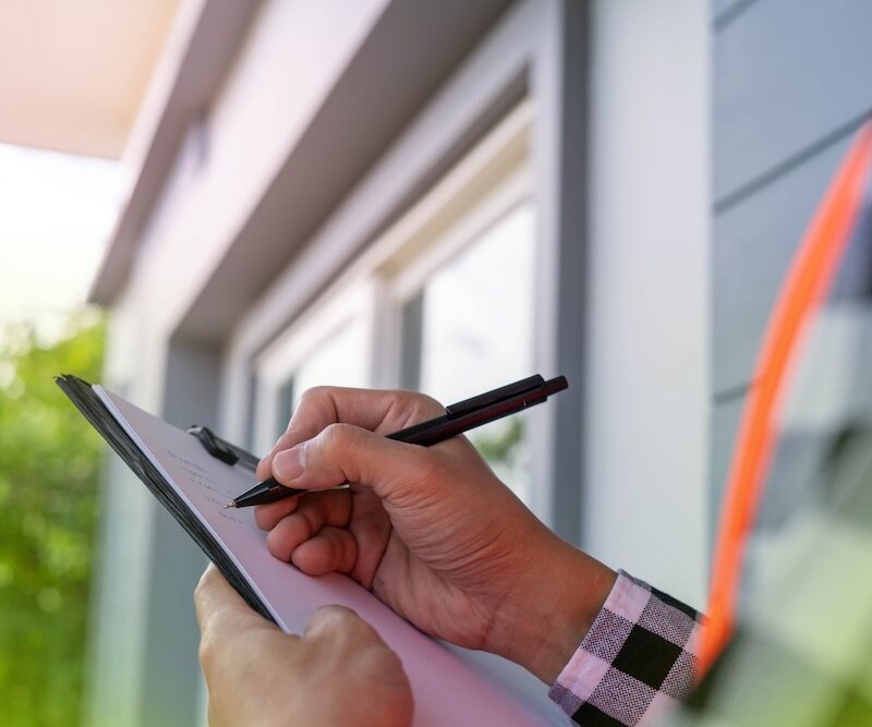 A home inspector wearing a high-visibility vest writes notes on a clipboard checklist outside a residential property.