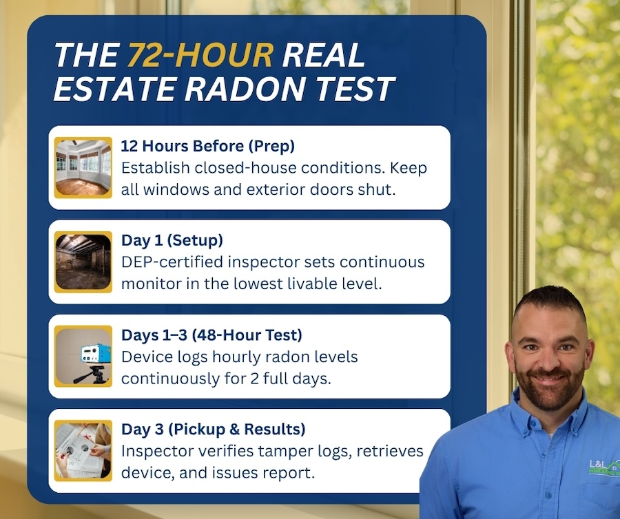 An infographic titled "The 72-Hour Real Estate Radon Test" outlining the step-by-step timeline from closed-house prep and device setup through the 48-hour testing phase and final report retrieval.
